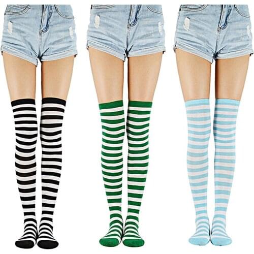 AZUE Womens Girls Thigh High Socks Over the Knee Socks Crochet Stretchy Cute Kawaii Teen White Stripes Long Socks