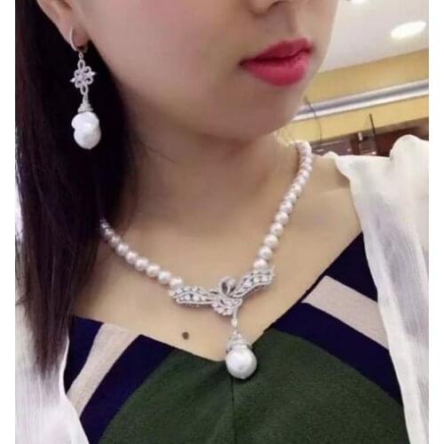 Free shipping Jewelry 8-9mm natural south sea white pearl necklace earring micro inlay zircon crystal baroque pendant