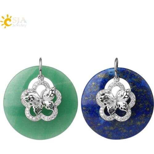 CSJA Round Natural Stone Pendants for Necklaces Crystal Quartz Lapis Hollow Flower Butterfly CZ Paved Charm Healing Jewelry E833