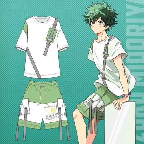 Hot Japanese Anime My Hero Academia Midoriya Izuku Cosplay Short-sleeved T-shirt summer shorts suit for men and women