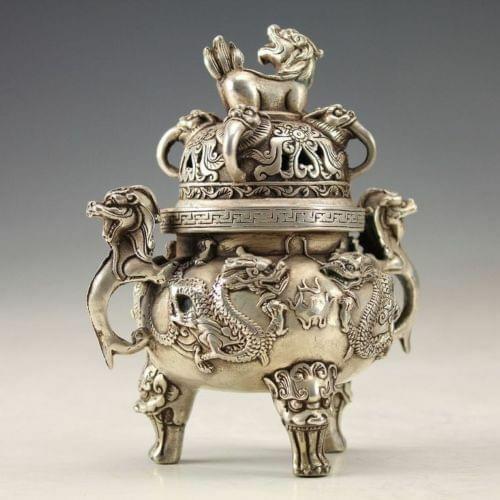 China Oriental Vintage Silver Bronze Hand-work Dragon Incense Burner