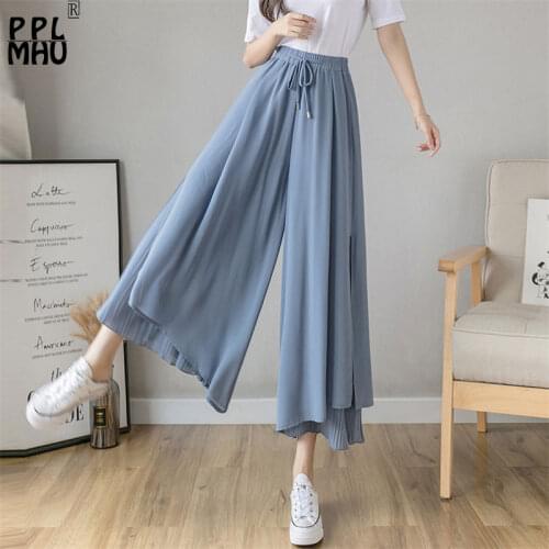 Summer Chiffon Wide Leg Pants Women Fashion Side Split Fork Pleated Splice Loose Ankle-Length Pants Thin Solid Beach Culottes