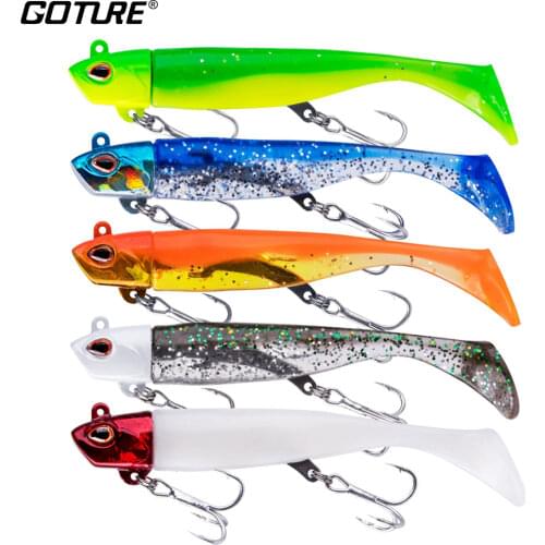 Goture 5pcs/lot Soft Fishing Lure Black Minnow Swimbait Artificial Bait Jig Head Silicone Body Fishing Tackle (1Head + 2 Tail)