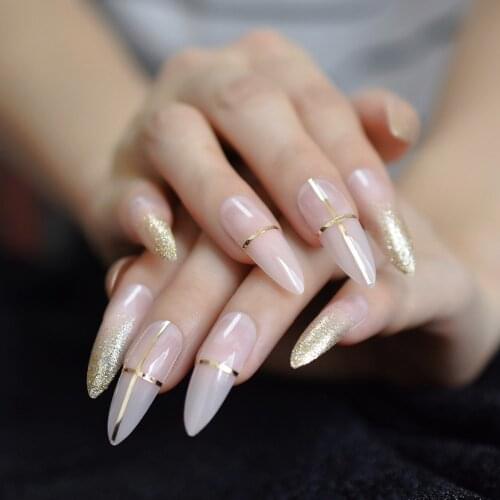 Beige Nude Glitter French Stiletto Press on False Nails Extra Long Natural Sharp Poited Gold Cross Line UV Gel Fake Fingers Nail