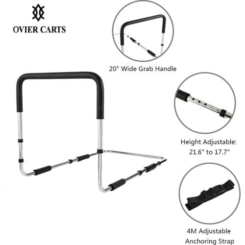 Carevas Height Adjustable Elderly Hand Bed Rail Handle Safety Hand Rail Senior With Anchor Strap Stainless Steel Bed Assist Bar