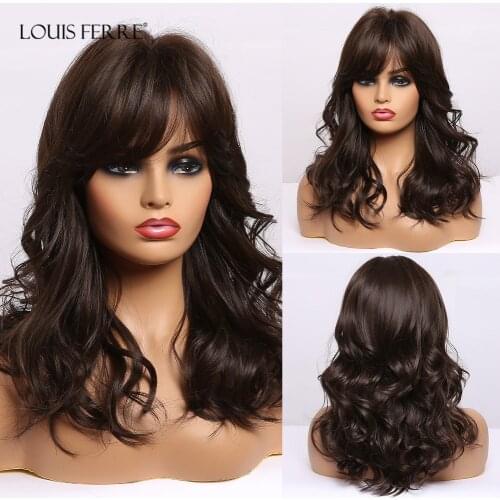 LOUIS FERRE Medium Dark Black Brown Women Wigs with Bangs for Black Women Water Wave Cosplay Daily Synthetic Heat Resistant Wigs