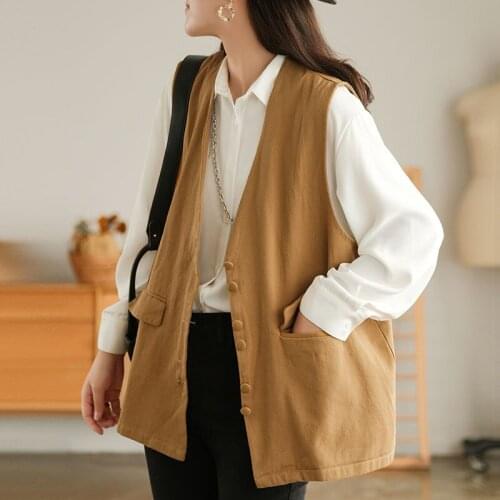 QPFJQD Ladies Retro Cotton Sleeveless Simple Coats V-Neck Women Solid Color Korean Style Pocket Casual Vest Spring Autumn