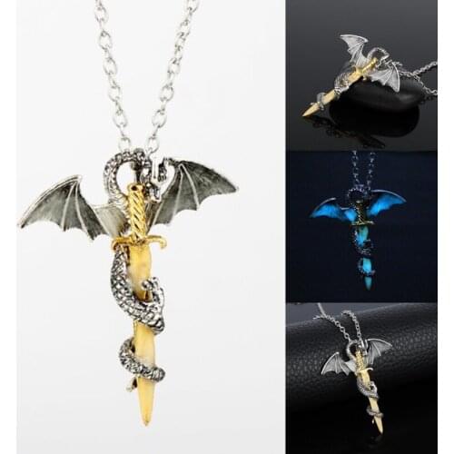 Retro Dragon Glow in the Dark necklace Rope Chain Ancient Dragon Sword Pendants Mens Punk Dragon Cross Necklace