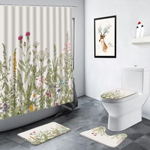 Hand Painted Flowers Grass Shower Curtain Green Plants Rural Scenery Bath Mat Non-slip Rug Toilet Mats Nordic Decor Bathtoom Set