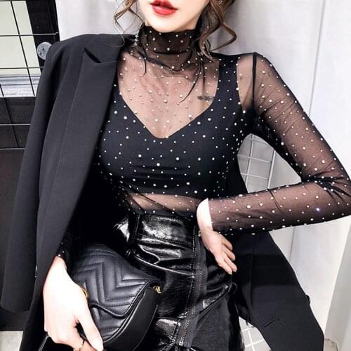 Stylish Diamond Mesh Lace T-shirt Feminine Long Sleeve Summer Tops for Women 2021 Sexy Slim Woman Tshirts