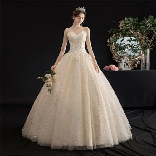 Strapless Wedding Dress 2021 New Champagne Lace Up Ball Gown Princess Vintage Lace Embroidery Wedding Dresses H103
