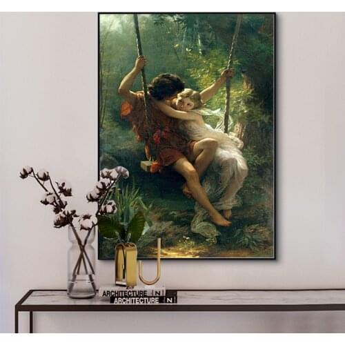 Vintage Spring Swing By Pierre Auguste Cot Canvas Painting Reproduction Posters and Print Wall Art Picture for Living Room Decor