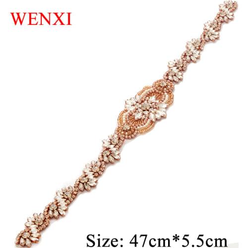 WENXI (5 pcs) Wholesale Bridal Gown Sash Beads Rhinestones Appliques Sew On For Wedding Dress Belt Clear Rose Gold Crystal WX833