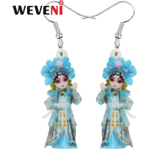 WEVENI Acrylic Blue Chinese Beijing Opera Earrings Print Charm Cartoon Dangle Drop Jewelry For Women Girls Trendy Birthyday Gift