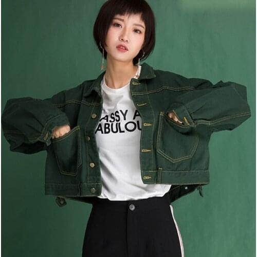 Women denim jacket harajuku top hip hop cropped green denim jackets female autumn basic jean jacket 2018 women KK2446