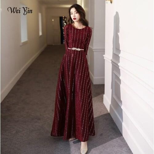 Wei yin AE0284 A-line Evening Dress Wine Red O-neck 3/4 Sleeve Formal Prom Dress Women Vintage Floor-length Long Party Gown