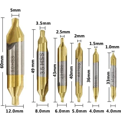 6pcs 1.0-5.0mm HSS TiN Coated Center Drill Bit Set Metalworking Hole Drill Hole Cutter 60 Degrees Combined Drill Bit Set