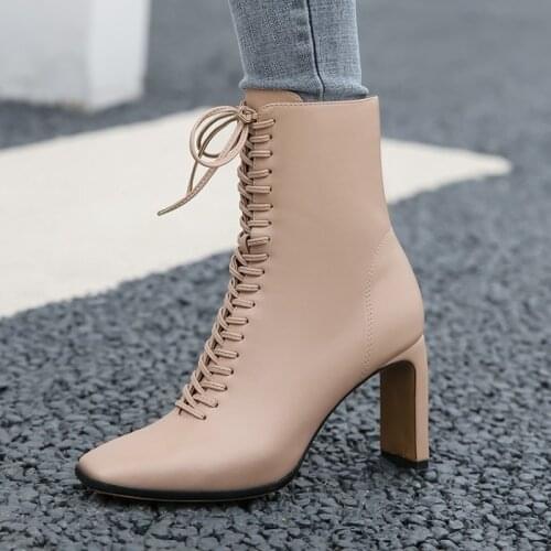 2021 New Fashion Women Boots Lace Up Square Toe Zip High Quality Microfiber Autumn Winter Boots Sexy Ladies Ankle Boots Female