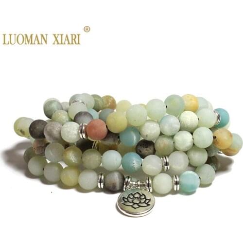 Fashion Womens Man Matte Amazonite 108 Mala Beads Bracelet or Necklace High Quality Lotus Buddha Charm New Design Yogi Bracelet