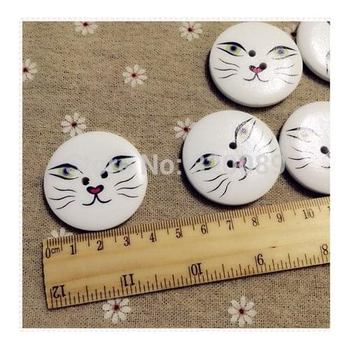 50pcs 40mm Cute Cat Face Wood Large Buttons 2 Holes Round Wooden Sewing Accessories Crafts Scrapbooking Button