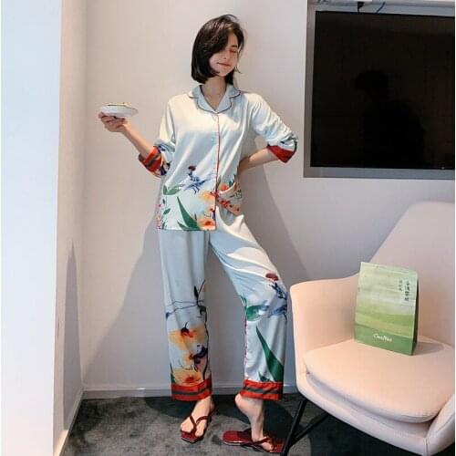 Long pants + long sleeve tops pajamas sets nightwear big yards M-XL pyjamas women summer sleepwear 2pcs/set