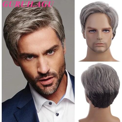 GURUILAGU Short Mens Wig Smooth Natural Wigs for Men Pixie Cut Straight Hair Synthetic Wig for Male Black Brown Grey Wigs Men