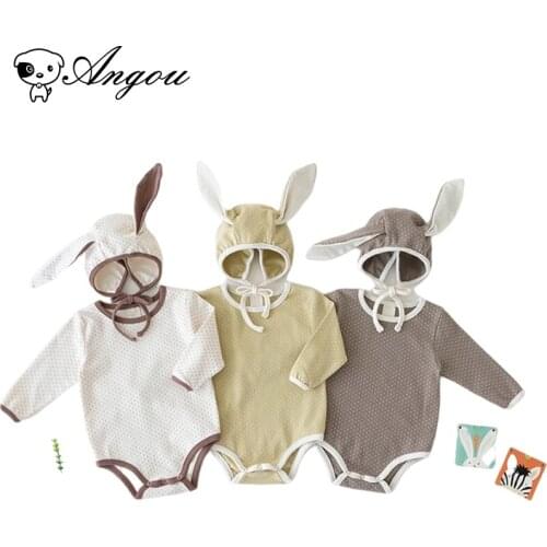 Angou Infant Baby Boy Girl Suit Cute Rabbit Ears Dot Romper+Hat 2PCS Long Sleeves Bodysuits Casual Infant Baby Romper Clothes