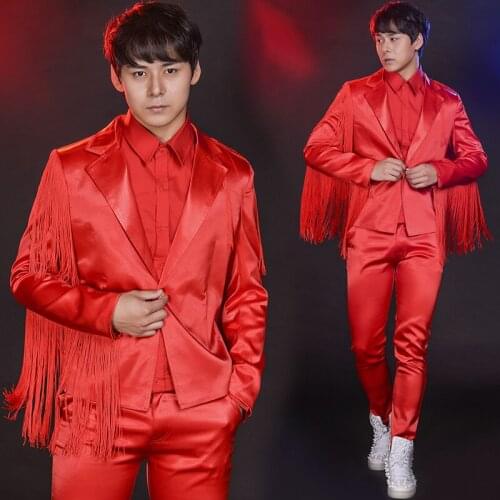 Three-Piece Drum Performance Outfit Male Singer Nightclub Bar Fringed Red Suit Host Jazz Dance Suit Handsome Punk Sets DWY2726