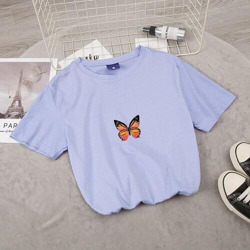 Summer Kpop Hiphop Womens Butterfly Print T Shirt Cute Aesthetic T Shirt Literary Retro T-shirt Short Sleeve Fashion Art Tee