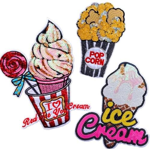 Fashion Patch Large Cartoon Ice cream Sequins Diy Women Embroidery iron on Patches for Clothing Applique Stickers Free Shipping
