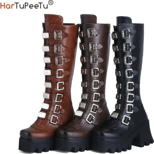 Cosplay Motorcycle Boots Women Winter 2021 Punk Style PU Leather Martin Boots Knee High Belt Buckles Decotare Platform Shoes