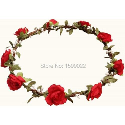 Red Paper Rose Flower Floral Crown Headband Pip Berry Garland Leaf Rattan Bohemian Holiday Hair Accessories bridesmaid hairband