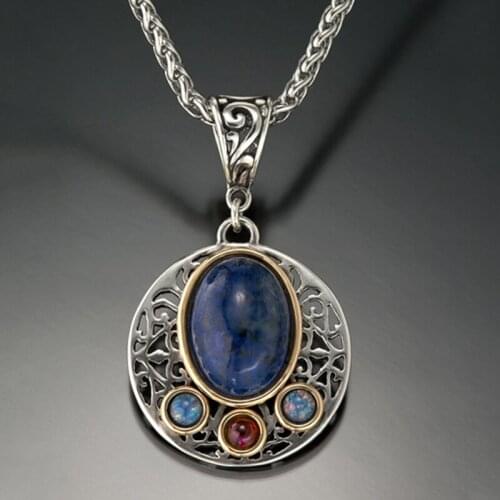 Bohemian Antique Lapis Necklace Carved Color Hollow Design Inlaid with Aobao Pendant Fashion Female Retro Jewelry Accessories