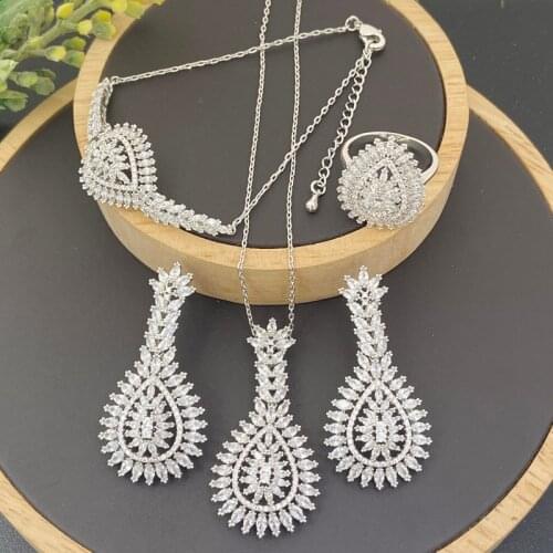 Lanyika Fashion Jewelry Set Gorgeous Peach Shape Zirconia Pave Necklace with Earrings, Bracelet and Ring for Woman Banquet Gifts