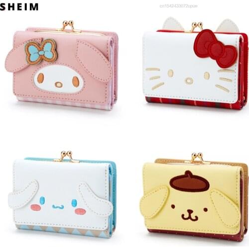 Kawaii Hello Cinnamorolled Kittyed Melodyed Small Short Wallet Ladies Girls Plaid Purse Trifold Leather Women Money Bag Clip Za