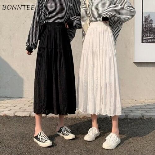 Skirts Women Folds Solid Empire Spring Harajuku Elegant All-match Korean Style Lovely Friends A-line Mid-calf Daily Casual Ins