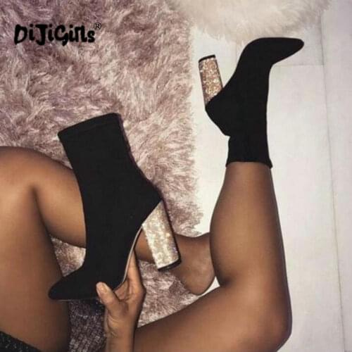 New Autumn Winter Stretch Fabric Women Ankle High Booties Pointed Toe Glittering Square High Heels Short Boots Shoe Drop Ship