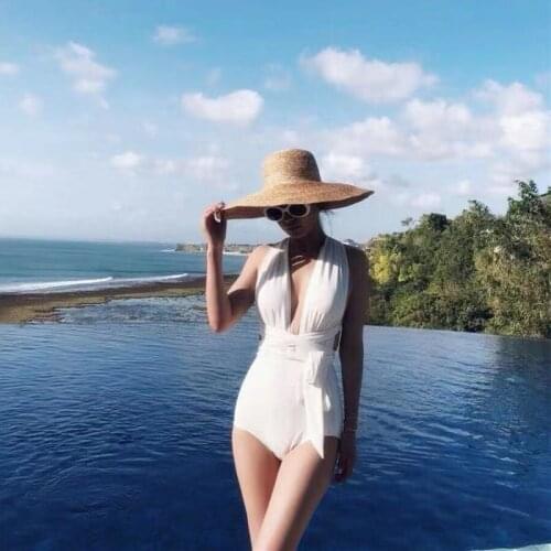 Women Swimwear Bodysuit Solid White One Piece Swimsuit Lace Up Bandage Deep V Neck Backless Bathing Suit Female Beach Wear Sexy