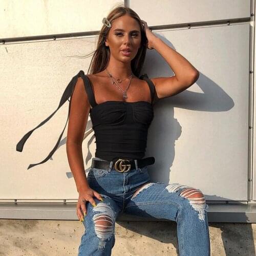 Women Straps Vest Tops Sleeveless Fashion Shirt Push-up Tube Cropped Clothes Bow Tie Shoulder Ruched Bodycon Slim Club Tank Top