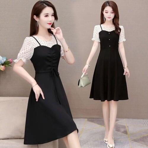 Summer Fake Two Pieces Patchwork Dot Short Sleeve O-Neck A-Line Simple Black Plus Size Women Holiday Cocktail Dresses