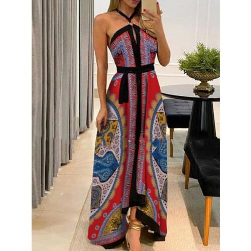 2021 New Summer Retro Print Long Skirt Sleeveless Party Dress Elegant Fashion Patchwork Open Back Open Back High Slit Long Skirt