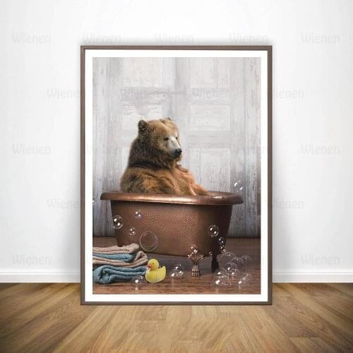 Animals In Bathtub Poster Highland Cow Bear Alpaca Elephant Canvas Painting Nursery Wall Art Decor Picture for Bathroom
