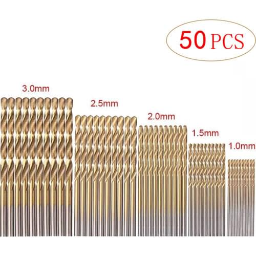 50pcs Titanium Coated Drill Bits Set HSS High Speed Steel Drill Bits Set 1/1.5/2/2.5/3mm For Metal Wood Aluminum Drilling Tools