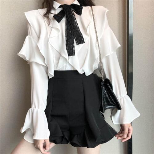 Ruffles Blouse Office Lady Shirt Lace Bow tie Design Spring Autumn Korean Fashion Women Tops Butterfly Sleeve Blusas White Chic