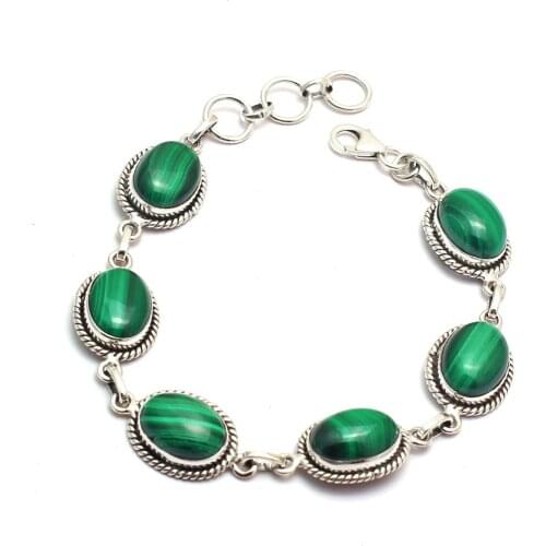 Genuine Malachite Bracelet 925 Sterling Silver, Women Fine Jewelry Gift, 22 cm, MHBBR0161