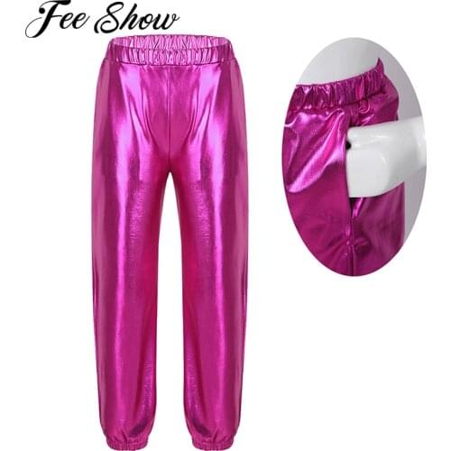 Kids Girls Shiny Metallic High Waist Stretchy Jogger Pants Children Hip Hop Club Wear Holographic Trousers Sweatpant