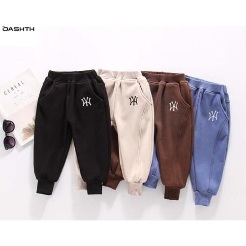 OASHTH Childrens winter new boys and girls casual pants childrens letter embroidery all-in-one velvet pants
