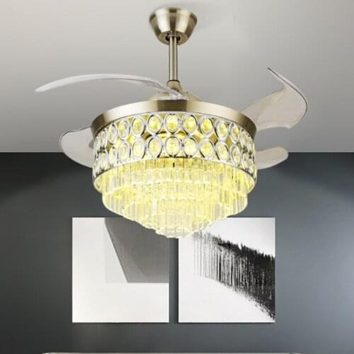 LED Crystal Ceiling Fan Light Smart Living Room Invisible Fan Leaf Light Dimming Silent Ceiling Fan with Lights Remote Control