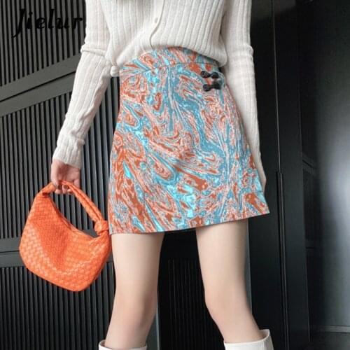 Jielur Retro Printing Button Skirts Female Summer 2021 New High Waist Thin Skirts A-line Orange Mini Skirts for Womens S-L