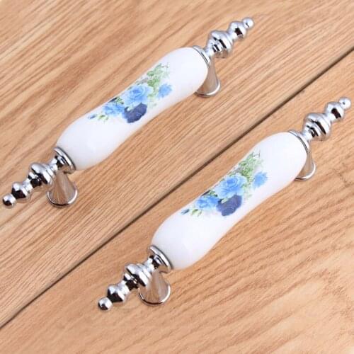 76mm fashion rural blue flower ceramic kitchen cabinet cupboard door handle 3" Chrome drawer cupboard dresser pull knob silver